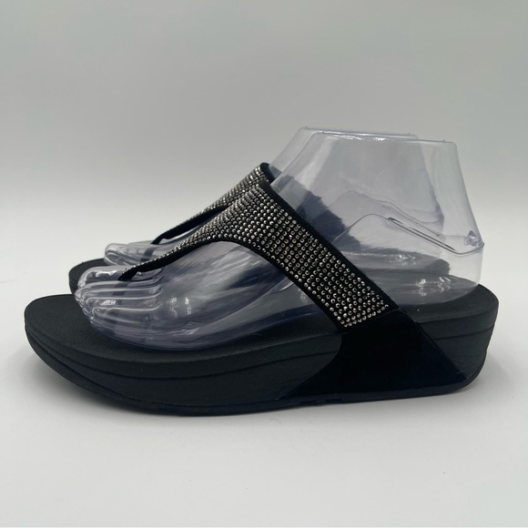 FitFlop Women’s Sz 7 Lulu Shimmer Black Rhinestone Sandals Comfortcore Glam Chic - Picture 2 of 13